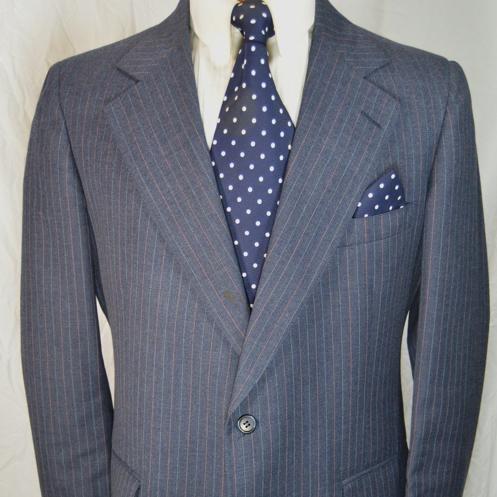 Vintage 70's 2 pc, 2 button SUIT 42 L BLUE GRAY RED PINSTRIPE 36 x 32 Flat Front